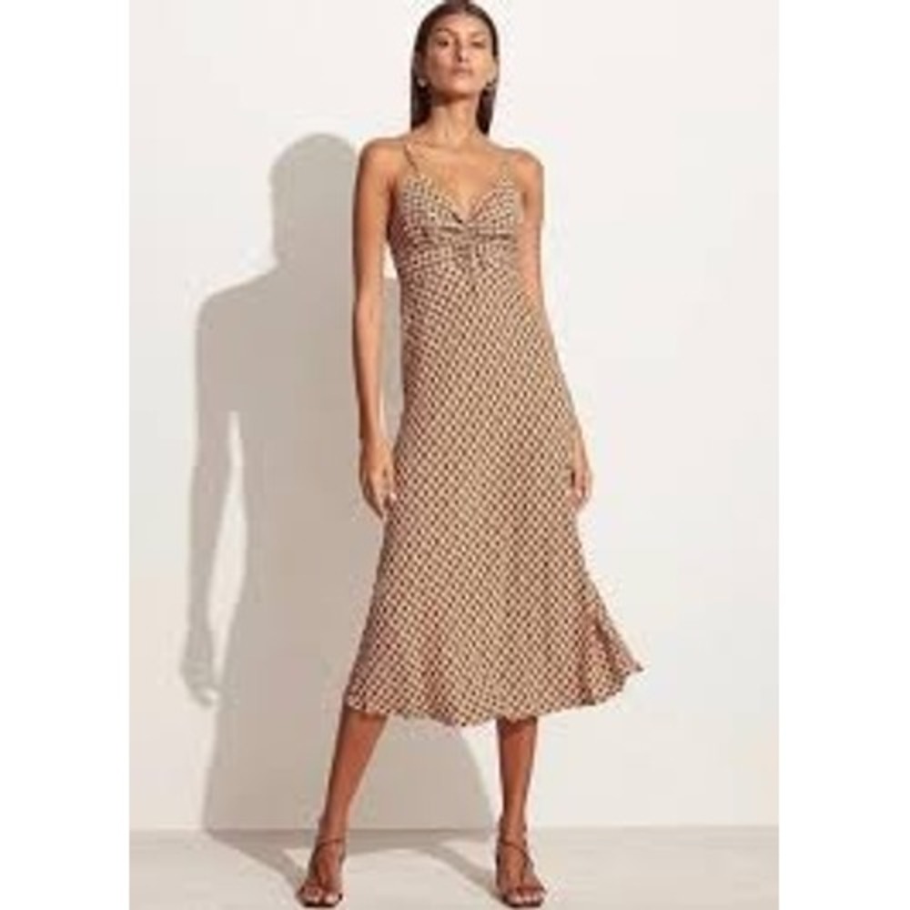 Faithfull the Brand Ruched Bust Brown Orange Midi Dress Geometric Print Sz 6 - Picture 2 of 9